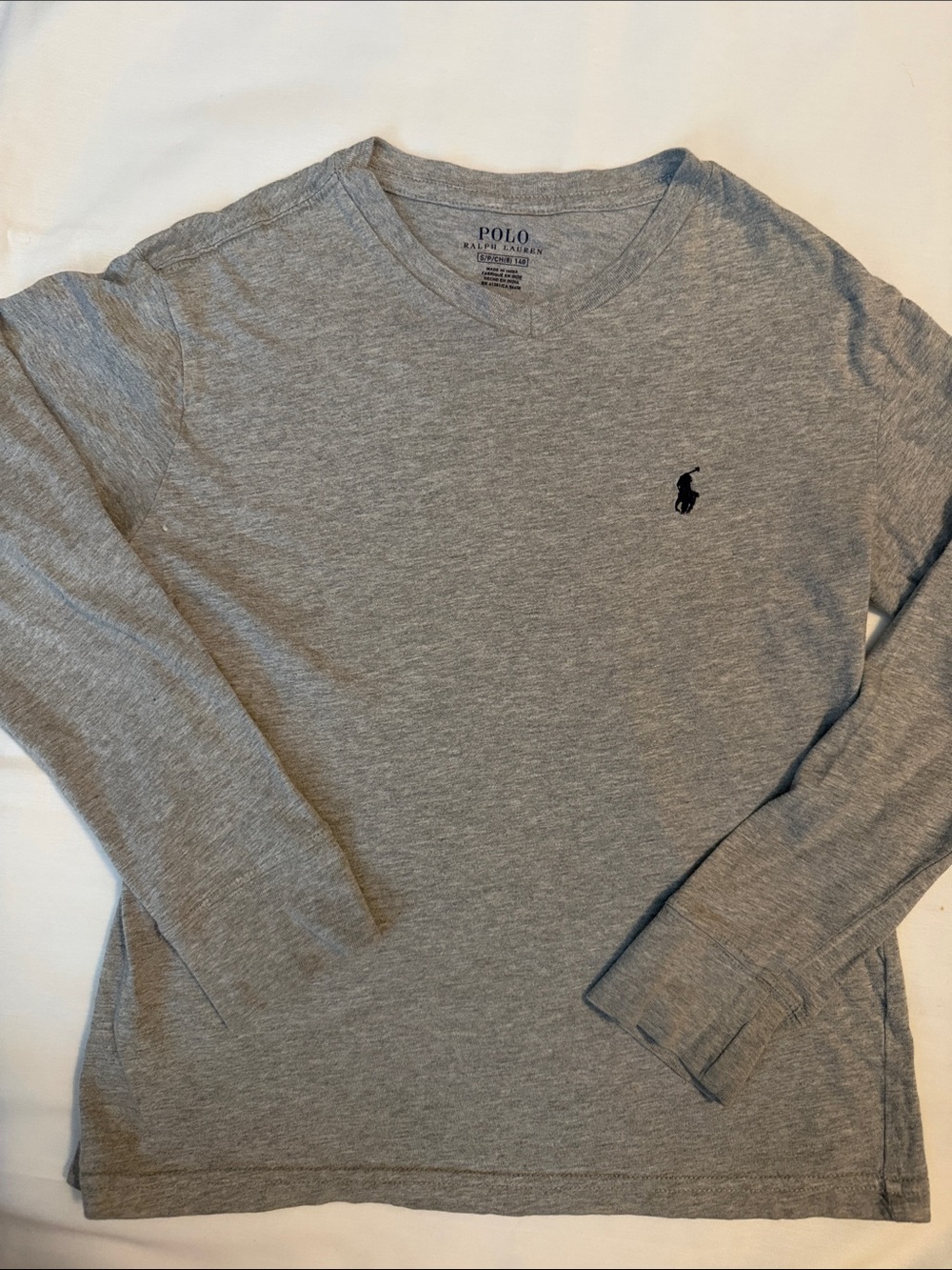 Polo by Ralph Lauren Long Sleeve V-Neck Tee - Light Gray with Navy Logo
